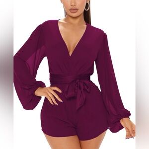 SheKiss burgundy Long Sleeve Flowy Chiffon Romper with V Neck and Ruffle Detail